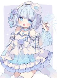 1girl aqua_choker aqua_eyes aqua_ribbon arm_up blue_hair blush bob_cut border bow commission detached_sleeves dress flower frilled_dress frills hair_flower hair_ornament hamham_mee highres jellyfish jellyfish_hair_ornament layered_dress light_blue_hair looking_at_viewer open_mouth original ribbon see-through see-through_sleeves short_hair skeb_commission smile solo sparkle thighhighs white_border white_bow white_dress white_thighhighs