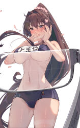 Rule 34 | 1girl, alternate costume, artist name, bare shoulders, blue one-piece swimsuit, blush, breasts, brown hair, cherry blossoms, commentary request, cowboy shot, falling petals, glasses, hair between eyes, hair intakes, hair ornament, highres, himeyamato, kantai collection, large breasts, long hair, looking at viewer, navel, one-piece swimsuit, petals, ponytail, red eyes, school swimsuit, simple background, solo, swimsuit, underboob, very long hair, white background, yamato (kancolle), yamato kai ni (kancolle)