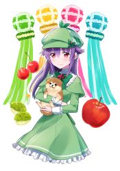 Rule 34 | 1girl, animal, animal hug, apple, blush, bow, capelet, cherry, closed mouth, commentary request, dog, dress, food, frilled dress, frills, fruit, green bow, green capelet, green dress, green hat, hair between eyes, hair flaps, hat, hercule barton, highres, long hair, long sleeves, mugi (iccomae), plaid headwear, purple hair, red apple, red eyes, smile, solo, tantei opera milky holmes, white background