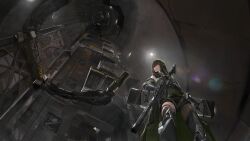 Rule 34 | 1girl, artist request, assault rifle, bandana, bandana around neck, black bandana, black shorts, brown hair, catwalk (walkway), closed mouth, clothes around waist, detached sleeves, elevator, elevator shaft, feet out of frame, from below, game cg, girls&#039; frontline, gloves, green hair, gun, holding, holding gun, holding weapon, jacket, jacket around waist, lens flare, long hair, looking to the side, m4 carbine, m4a1 (girls&#039; frontline), m4a1 (mod3) (girls&#039; frontline), machinery, mod3 (girls&#039; frontline), multicolored hair, official art, particle cannon case, ribbed sweater, rifle, shorts, sleeveless, sleeveless sweater, solo, streaked hair, sweater, weapon, wide shot, yellow eyes