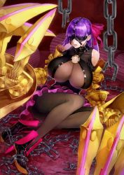 Rule 34 | 10s, 1girl, belt collar, blindfold, breasts, broken, broken chain, chain, claws, clothing cutout, collar, fate/extra, fate/extra ccc, fate/grand order, fate (series), hair ribbon, highres, huge breasts, kaito nina, long hair, pantyhose, passionlip (fate), pink ribbon, purple hair, ribbon, sash, shoulder cutout, sitting, very long hair
