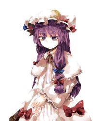 Rule 34 | 1girl, bad id, bad pixiv id, bags under eyes, book, female focus, gn, hat, long hair, patchouli knowledge, purple eyes, purple hair, ribbon, simple background, solo, touhou, white background
