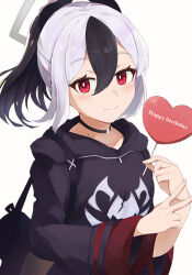 Rule 34 | 1girl, black choker, black hair, black hoodie, blue archive, blush, candy, choker, earclip, english text, food, hair between eyes, halo, happy birthday, heart-shaped food, highres, holding, holding candy, holding food, hood, hoodie, kayoko (blue archive), long sleeves, looking at viewer, mole, mole on neck, multicolored hair, ponytail, ra mun5239, simple background, smile, solo, two-tone hair, v, white hair