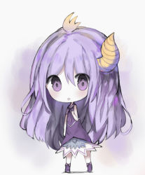 Rule 34 | 1girl, :o, bad id, bad pixiv id, bare arms, bare shoulders, blush, boots, chibi, cottontailtokki, dress, full body, gradient background, grey background, hair between eyes, horns, long hair, looking at viewer, neck ribbon, original, parted lips, pink ribbon, purple background, purple dress, purple eyes, purple footwear, purple hair, ribbon, single horn, sleeveless, sleeveless dress, solo, standing, very long hair