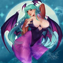 Rule 34 | 1girl, areola slip, arm behind head, bat wings, grabbing another&#039;s breast, breasts, bursting breasts, capcom, cleavage, demon girl, grabbing, green eyes, green hair, large breasts, leotard, lipstick, long hair, makeup, morrigan aensland, parted lips, seductive smile, smile, thick thighs, thighs, vampire (game), wings