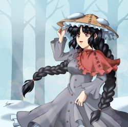 Rule 34 | 1girl, absurdres, ajirogasa, black hair, braid, breasts, brown headwear, buttons, capelet, clothes writing, commentary request, dress, eyelashes, frilled dress, frills, grey dress, hat, highres, holding, holding clothes, holding dress, holding hat, long hair, long sleeves, medium breasts, open mouth, outdoors, red capelet, red eyes, red ribbon, ribbon, single strap, sniper (17891abc), snow, touhou, twin braids, yatadera narumi