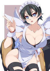 Rule 34 | 1girl, 34 (sanjushi), annoyed, apron, black hair, black thighhighs, blue eyes, breasts, cleavage, flipped hair, frilled leotard, frills, hair ornament, hand on own hip, highres, index finger raised, iroha (samurai spirits), japanese clothes, lace-trimmed apron, lace trim, large breasts, leaning forward, leotard, looking at viewer, maid, maid headdress, maid leotard, open mouth, samurai spirits, short hair, snk, solo, thighhighs, thighs, unconventional maid
