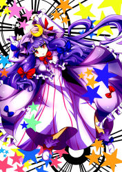 Rule 34 | 1girl, bow, breasts, crescent, dress, female focus, hair bow, hair ribbon, hat, highres, long hair, open mouth, patchouli knowledge, purple hair, red eyes, ribbon, ryouryou, solo, star (symbol), touhou, very long hair