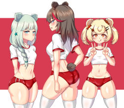 Rule 34 | 3girls, :q, absurdres, alternate costume, animal ears, arknights, arms behind back, ass, bad id, bad pixiv id, bear ears, bear tail, blonde hair, braid, breasts, brown hair, buruma, commentary request, crop top, double v, female focus, from behind, gluteal fold, gummy (arknights), gym uniform, hair ornament, hairclip, highres, medium breasts, midriff, milssak, multicolored hair, multiple girls, navel, no headwear, open mouth, profile, red background, red buruma, red hair, shirt, short hair, short sleeves, silver hair, single braid, skindentation, small breasts, smile, star (symbol), star hair ornament, stomach, streaked hair, tail, thick thighs, thighhighs, thighs, tongue, tongue out, twintails, two-tone background, v, white background, white legwear, white shirt, yellow eyes, zima (arknights)