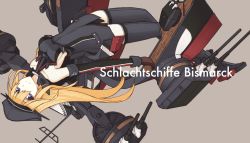 Rule 34 | 10s, 1girl, alternate color, bad id, bad pixiv id, bare shoulders, bismarck (kancolle), blonde hair, blue eyes, breasts, brown gloves, character name, cross, detached sleeves, german text, gloves, grey background, grey thighhighs, hat, iron cross, kantai collection, long hair, looking at viewer, machinery, mikoto (oi plus), military, military hat, military uniform, peaked cap, ranguage, sideboob, simple background, solo, text focus, thighhighs, translated, uniform