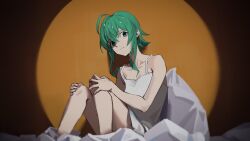 Rule 34 | 1girl, ahoge, bare arms, bare legs, black background, collarbone, crying, crying with eyes open, dress, frown, green eyes, green hair, gumi, hands on own knees, highres, looking at viewer, orange background, short hair with long locks, sidelocks, sitting, solo, spaghetti strap, spotlight, tears, vocaloid, white dress, wounds404