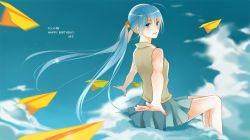 Rule 34 | 1girl, bad id, bad pixiv id, blue eyes, blue hair, cloud, female focus, hatsune miku, kebei, long hair, looking back, matching hair/eyes, outdoors, paper airplane, sitting, skirt, sky, solo, twintails, vocaloid