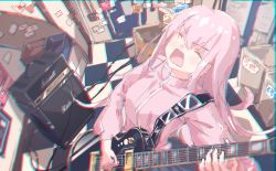 Rule 34 | 1girl, amplifier, blush, bocchi the rock!, box, breasts, c4 art, cable, checkered floor, chromatic aberration, closed eyes, commentary request, cube hair ornament, electric guitar, gotoh hitori, guitar, hair between eyes, hair ornament, highres, holding, holding instrument, indoors, instrument, jacket, long hair, medium breasts, music, one side up, open mouth, pink hair, pink jacket, playing instrument, solo, track jacket, upper body