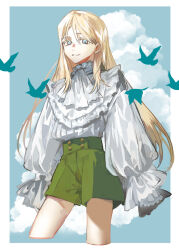 Rule 34 | 1boy, androgynous, ascot, bird, blonde hair, blue eyes, blue sky, border, cloud, cropped legs, day, frilled shirt, frilled shirt collar, frills, green shorts, hair between eyes, kyouichi, long hair, looking at viewer, male focus, original, outside border, parted lips, shirt, shorts, sky, sleeves past fingers, sleeves past wrists, solo, standing, white ascot, white border, white shirt