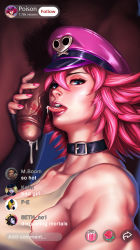 Rule 34 | 1boy, 1girl, after fellatio, animal collar, balrog (street fighter), black choker, blue eyes, breasts, capcom, choker, collar, commentary, cum, cum in mouth, cum on tongue, dark-skinned male, dark skin, english commentary, falke (street fighter), flaccid, foreskin, hat, head out of frame, hetero, highres, interracial, kolin, large breasts, lipstick, lipstick mark, makeup, male pubic hair, muscular, muscular female, no bra, peaked cap, penis, phimosis, pink hair, pink headwear, poison (final fight), pubic hair, red lips, selfie, seth (street fighter), short hair, sideboob, skull and crossbones, solo focus, spiked hair, street fighter, street fighter v, tank top, teeth, tongue, tongue out, upper teeth only, veins, veiny penis, very dark skin, white tank top, xxx1320