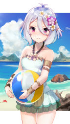 Rule 34 | 1girl, antenna hair, armlet, ball, bare shoulders, beachball, blue sky, blush, bracelet, breasts, casual one-piece swimsuit, closed mouth, cloud, collarbone, commentary request, covered navel, cowboy shot, cowengium, crab, day, elf, eyebrows hidden by hair, flower, gluteal fold, hair between eyes, hair flower, hair ornament, highres, holding, holding ball, imminent rape, jewelry, kokkoro (princess connect!), kokkoro (summer) (princess connect!), letterboxed, ocean, one-piece swimsuit, outdoors, outside border, pointy ears, princess connect!, purple eyes, purple flower, rock, short hair, silver hair, sky, small breasts, smile, solo, swimsuit, swimsuit skirt, transparent, water, white flower, white one-piece swimsuit