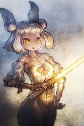 Rule 34 | 1girl, bare shoulders, blonde hair, breasts, collarbone, commentary request, cowboy shot, detached sleeves, double bun, energy sword, hair bun, hair ribbon, hand on own hip, highres, holding, holding lightsaber, joutouguu mayumi, leotard, lightsaber, ribbon, short hair, small breasts, solo, sword, touhou, vambraces, weapon, white ribbon, yellow eyes, yellow leotard, yellow lightsaber, yst
