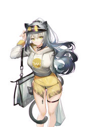 Rule 34 | 1girl, alternate costume, animal ears, arknights, bag, bikini, bikini under clothes, black bikini, black choker, black hat, cat, cat ears, cat girl, cat tail, choker, cropped sweater, drawstring, eyewear on headwear, feet out of frame, grey hair, hand up, hat, highres, hood, hood down, hooded sweater, huangbanmimi, long hair, long sleeves, looking at viewer, ponytail, schwarz (arknights), see-through, see-through shirt, shirt, shoulder bag, simple background, solo, sunglasses, sweater, swimsuit, tail, thigh strap, visor cap, white background, white cat, white sweater, yellow eyes, yellow shirt