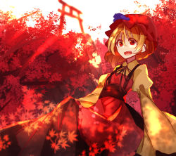 Rule 34 | 1girl, aki minoriko, autumn leaves, backlighting, black ribbon, blonde hair, cliff, dress, food, fruit, grapes, hat, juliet sleeves, leaf, long sleeves, looking at viewer, maple leaf, mob cap, neck ribbon, open mouth, peach camellia, puffy sleeves, red eyes, red hat, ribbon, sash, scenery, short hair, solo, torii, touhou, tree, wide sleeves