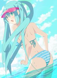 Rule 34 | 1girl, :o, aqua hair, bad id, bad pixiv id, bikini, cloud, day, from behind, green eyes, hatsune miku, kether, long hair, looking back, open mouth, sky, solo, striped bikini, striped clothes, swimsuit, twintails, very long hair, visor, visor cap, vocaloid, wading, water