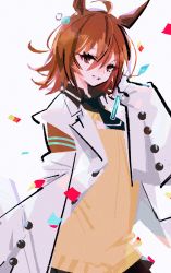 Rule 34 | 1girl, absurdres, agnes tachyon (umamusume), animal ears, arm up, armband, brown eyes, brown hair, buttons, coat, commentary request, confetti, eyelashes, faux traditional media, hair between eyes, highres, horse ears, horse girl, lab coat, long sleeves, marina (mrn9), short hair, simple background, sleeves past wrists, smile, smirk, solo, umamusume, upper body, vest, white background, white coat, yellow vest