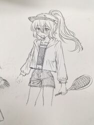 Rule 34 | 1other, absurdres, alternate costume, androgynous, bingkuaihei, chinese commentary, collar, commentary request, cowboy shot, crop top, cropped legs, fang, graphite (medium), greyscale, highres, holding tennis racket, hood, hood down, hooded jacket, jacket, len&#039;en, long sleeves, monochrome, navel, open clothes, open jacket, open mouth, other focus, ponytail, shorts, smile, solo, taira no fumikado, traditional media, visor cap