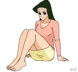 Rule 34 | 1girl, barefoot, black eyes, breasts, cleavage, crayon shin-chan, dark green hair, feet, long hair, looking at viewer, oohara nanako, skirt, toes