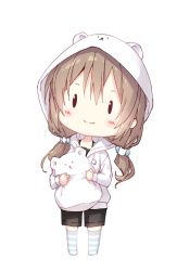 Rule 34 | 1girl, animal ears, animal hood, bear ears, bear hair ornament, bear hood, black camisole, black shorts, blush, brown hair, camisole, chibi, closed mouth, commentary, fake animal ears, full body, hair between eyes, hair ornament, highres, holding, holding pillow, hood, hoodie, long hair, low twintails, mochizuki shiina, no shoes, original, pillow, short shorts, shorts, simple background, smile, solid oval eyes, solo, standing, striped clothes, striped thighhighs, symbol-only commentary, thighhighs, twintails, white background, white hoodie