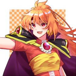 Rule 34 | 1girl, :3, black cape, black headband, cape, chinese commentary, earrings, fang, headband, hiiro (user nduv7232), jewelry, lina inverse, long hair, looking up, open mouth, orange hair, pink eyes, red shirt, shirt, single earring, slayers, smile, solo, upper body