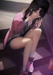 Rule 34 | 1girl, baseball cap, black hair, black hat, blue eyes, blue shorts, breasts, genyaky, glasses, hat, highres, idolmaster, idolmaster shiny colors, jacket, long hair, long sleeves, looking at viewer, mitsumine yuika, open clothes, open jacket, pink footwear, pink jacket, shirt, shoes, short shorts, shorts, sitting, sneakers, solo, white shirt