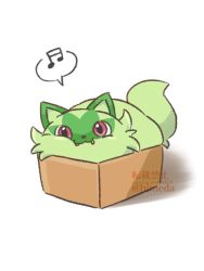 Rule 34 | animal focus, artist name, box, cardboard box, closed mouth, creatures (company), full body, game freak, highres, himeda akira, in box, in container, looking at viewer, musical note, nintendo, no humans, pokemon, pokemon (creature), simple background, smile, solo, speech bubble, spoken musical note, sprigatito, watermark, white background