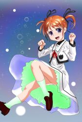 Rule 34 | 1girl, 2021, 20s, bare legs, black ribbon, brown hair, burning raccoon dog, child, female focus, full body, hair ornament, hair ribbon, looking at viewer, lyrical nanoha, open mouth, purple eyes, ribbon, school uniform, shoes, short hair, short twintails, simple background, smile, socks, solo, takamachi nanoha, twintails, white socks