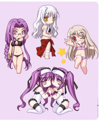Rule 34 | 5girls, absurdres, ass, bandages, barefoot, bikini, black (artist), blush, book, caren hortensia, chibi, euryale (fate), fate/hollow ataraxia, fate/stay night, fate (series), flat chest, glasses, highres, illyasviel von einzbern, long hair, medusa (fate), medusa (rider) (fate), multiple girls, official alternate costume, purple eyes, purple hair, red eyes, siblings, sisters, square pupils, standing, starfish, stheno (fate), swimsuit, takeuchi takashi, twins, twintails, type-moon, very long hair, white hair, yellow eyes