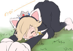 Rule 34 | 1girl, :3, absurdres, animal ears, black bodysuit, blonde hair, blue gemstone, blush, bodysuit, breast press, breasts, cat ears, cat rosalina, catsuit, closed eyes, crown, earrings, fake animal ears, fang, female focus, full body, gem, gloves, grass, grey headwear, hair over one eye, happy, highres, hood, hood up, japanese text, jewelry, kurachi mizuki, large breasts, mario (series), nintendo, on ground, one eye covered, open mouth, outstretched arms, own hands together, red gemstone, rosalina, short hair, sidelocks, simple background, smile, solo, star (symbol), star earrings, stretching, super mario 3d world, top-down bottom-up, translation request, trembling, v-shaped eyebrows, white background, white gloves
