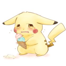 Rule 34 | asyuaffw, blush, commentary request, crying, crying with eyes open, food, gen 1 pokemon, highres, ice cream, ice cream cone, ice cream cone spill, no humans, pikachu, pokemon, pokemon (creature), sad, simple background, tears, wavy mouth, white background