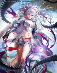 Rule 34 | 1girl, armor, blue eyes, boobplate, boots, breastplate, breasts, breasts apart, dragon, emperors saga, faulds, gauntlets, hand on hilt, highres, large breasts, liduke, long hair, looking at viewer, navel, official art, parted lips, silver hair, smile, solo, standing, sword, walking, watermark, weapon