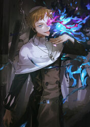 Rule 34 | 1boy, absurdres, blonde hair, chain, earbuds, earphones, eye symbol, fire, flaming eye, forest, guillotine, hand on own shoulder, head tilt, highres, jewelry, justin law, listening to music, looking at viewer, maumaujanken, nature, outdoors, pendant, priest, purple fire, solo, soul eater, tongue, tongue out, vestments, zucchetto