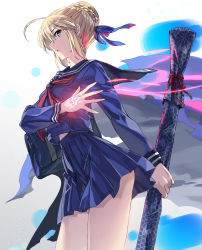 Rule 34 | 1girl, ahoge, artoria pendragon (all), artoria pendragon (fate), blonde hair, blouse, blue bag, blue shirt, blue skirt, commentary request, fate/grand order, fate (series), from side, green eyes, hand tattoo, holding, looking at viewer, pleated skirt, ribbon, saber (fate), shirt, skirt, solo, tattoo, yahako