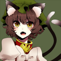 Rule 34 | 1girl, animal ears, bonnet, bow, brown hair, cat ears, cat girl, cat tail, chen, curly hair, fangs, female focus, green background, hat, looking at viewer, multiple tails, neko-san (dim.dream), open mouth, short hair, simple background, slit pupils, solo, tail, touhou, upper body