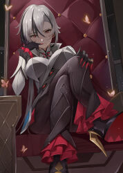Rule 34 | 1girl, amco, arlecchino (genshin impact), black eyes, black footwear, black hair, black hands, black pants, breasts, bug, butterfly, closed mouth, crossed legs, finger to mouth, fingernails, foot out of frame, genshin impact, grey hair, grey jacket, high heels, highres, insect, jacket, large breasts, long fingernails, long hair, looking at viewer, multicolored hair, on chair, pants, red nails, red pupils, shoe soles, sitting, solo, streaked hair, symbol-shaped pupils, two-tone hair, x-shaped pupils