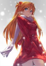 Rule 34 | 1girl, blue eyes, breath, coat, guchico, hands in pockets, long hair, looking to the side, neon genesis evangelion, neon genesis evangelion (manga), orange hair, scarf, snowflakes, snowing, solo, souryuu asuka langley, winter