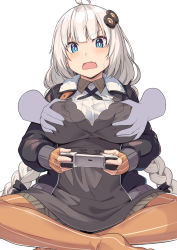 Rule 34 | 1girl, ahoge, blue eyes, blunt bangs, braid, grabbing another&#039;s breast, breasts, controller, fingerless gloves, foreshortening, game controller, gloves, grabbing, grabbing from behind, hair ornament, holding, holding controller, holding game controller, jacket, kizuna akari, long hair, long sleeves, looking at viewer, no shoes, open clothes, open jacket, open mouth, orange gloves, orange pantyhose, pantyhose, shiseki hirame, solo focus, sweatdrop, twin braids, v-shaped eyebrows, voiceroid