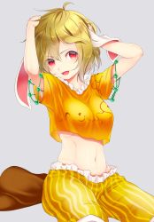 Rule 34 | 1girl, :d, ahoge, animal ears, arms up, blonde hair, breasts, brown hat, chikuwa savy, commentary request, cowboy shot, crop top, eyes visible through hair, female focus, flat cap, grey background, groin, hair between eyes, hands on own head, hat, head tilt, highres, looking at viewer, medium breasts, midriff, navel, open mouth, orange shirt, rabbit ears, red eyes, ringo (touhou), shirt, short hair, short sleeves, shorts, simple background, sitting, smile, solo, stomach, striped clothes, striped shorts, touhou, unworn hat, unworn headwear, vertical-striped clothes, vertical-striped shorts, yellow shorts