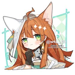 1girl ahoge animal_ear_fluff animal_ears argyle_background arknights black_gloves blush brown_hair closed_mouth commentary_request cropped_torso flying_sweatdrops gloves green_eyes hair_between_eyes hand_up itsuki_02 long_hair papyrus_(arknights) simple_background solo twitter_username upper_body watermark white_background