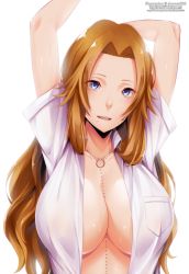 Rule 34 | 1girl, absurdres, arms up, between breasts, bleach, blue eyes, breasts, brown hair, cleavage, dannex009, deviantart username, dress shirt, facebook username, female focus, gem, highres, huge breasts, large breasts, long hair, looking at viewer, matsumoto rangiku, mole, mole under mouth, no bra, open clothes, open mouth, open shirt, orange hair, shiny skin, shirt, simple background, smile, solo, sweat, white background, white shirt