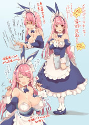 Rule 34 | 1girl, animal ears, bow, bowtie, breasts, rabbit ears, cleavage, computer, glasses, hairband, highres, laptop, large breasts, long hair, maid, multiple views, open mouth, original, pink hair, shoes, straight hair, thomasz, white legwear, yellow eyes