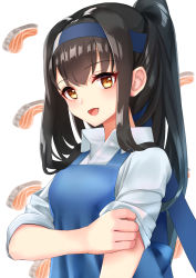 Rule 34 | 1girl, absurdres, adjusting clothes, alternate hairstyle, apron, black hair, blue apron, buttons, collared shirt, fish, food, hair between eyes, hatsushimo (kancolle), hatsushimo kai ni (kancolle), headband, highres, kantai collection, long hair, long sleeves, low-tied long hair, open mouth, plaid, plaid apron, ponytail, red eyes, sakurahuji-iro, school uniform, shirt, sleeves rolled up, smile, solo, sushi, upper body, white background, white shirt
