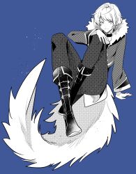 Rule 34 | 1girl, absurdres, ahoge, fake tail, fire emblem, fire emblem engage, fur trim, greyscale, highres, illust mi, jacket, looking at viewer, merrin (fire emblem), monochrome, nintendo, short hair, sitting, solo, tail, wolf tail