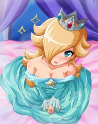 Rule 34 | 1girl, animated, animated gif, blonde hair, blue eyes, blush, breasts, cleavage, condom, condom in mouth, crown, cum, cum on body, cum on breasts, cum on hair, cum on upper body, dress, facial, hair over one eye, large breasts, long hair, mario (series), mouth hold, nail polish, naughty face, navel, nintendo, nipples, rosalina, sigurd hosenfeld, solo, super mario bros. 1, super mario galaxy, undressing
