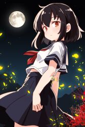 Rule 34 | 1girl, black collar, black hair, black skirt, bow, bowtie, closed mouth, collar, commentary request, cowboy shot, facing to the side, flower, full moon, highres, light blush, looking at viewer, moon, mountainous horizon, night, original, outdoors, red bow, red bowtie, red eyes, school uniform, serafuku, short hair, skirt, solo, spider lily, standing, star (sky), white serafuku, yukinagi